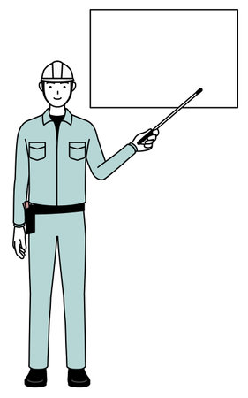 Man in helmet and workwear pointing at a whiteboard with an indicator stick, Vector Illustrationのイラスト素材