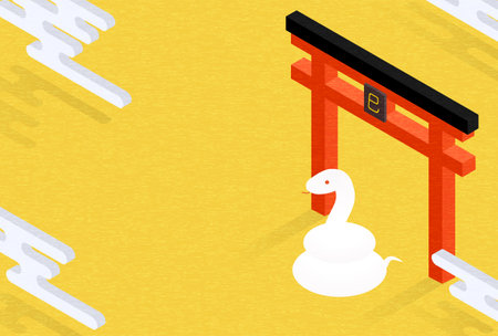 Japanese New Year's card for the year of the Snake 2025, simple isometric illustration of a snake and a torii gate. - Translation: Snake.のイラスト素材