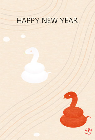 Japanese New Year's card for the year of the Snake 2025, simple isometric illustration of a snake and karesansui  - Translation: Happy New Year. Snake.のイラスト素材