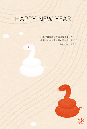 Japanese New Year's card for the year of the Snake 2025, simple isometric illustration of a snake and karesansui - Translation: Happy New Year, thank you again this year. Snake.のイラスト素材