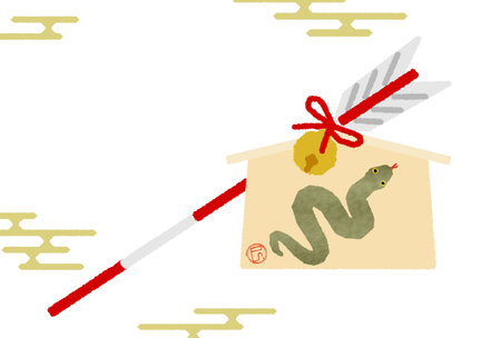 Japanese New Year's card for the year of the snake, 2025, with a snake, a broken arrow and Ema, Vector Illustrationのイラスト素材