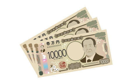 Three new 10,000 yen bills stacked on top of each other - Translation: Bank of Japan Yen, 10,000 Yenのイラスト素材