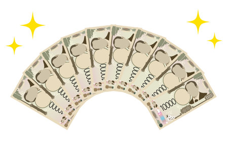 A new 10,000 yen bill for 100,000 yen spread out in a fan shape and a glittering star decoration, Vector Illustrationのイラスト素材
