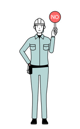 Female engineer in helmet and work wear holding a placard with an X indicating incorrect answer, Vector Illustrationのイラスト素材