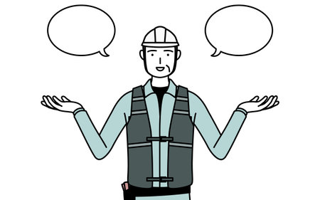 Senior male engineer in helmet and work wear with wipeout and comparison, Vector Illustrationのイラスト素材