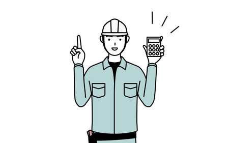 Man in helmet and workwear holding a calculator and pointing, Vector Illustrationのイラスト素材