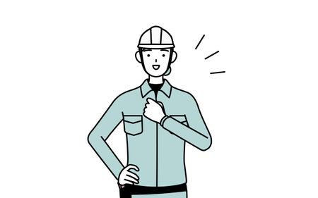 Female engineer in helmet and work wear tapping her chest, Vector Illustrationのイラスト素材