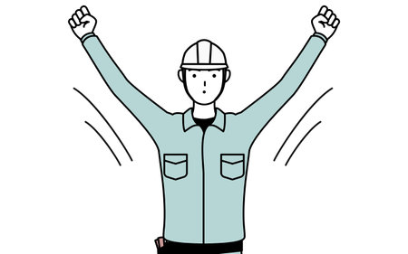 Man in helmet and workwear doing radio calisthenics, preparation for accident prevention, Vector Illustrationのイラスト素材