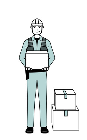 Senior male engineer in helmet and work wear working to carry cardboard boxes, Vector Illustrationのイラスト素材