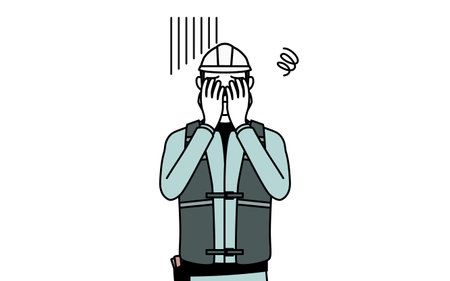 Senior male engineer in helmet and work wear covering his face in depression, Vector Illustrationのイラスト素材