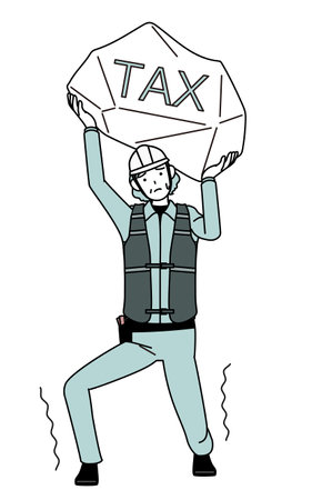 Senior female engineer in helmet and work wear suffering from tax increases, Vector Illustrationのイラスト素材