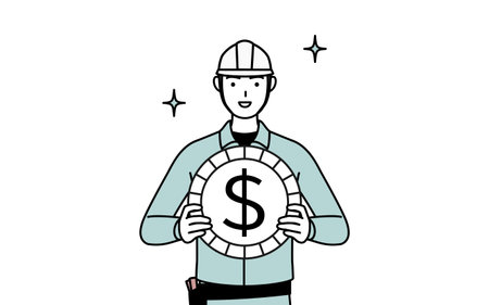 Man in helmet and workwear with images of foreign exchange gains and dollar appreciation, Vector Illustrationのイラスト素材