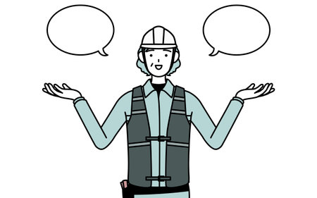Senior female engineer in helmet and work wear with wipeout and comparison, Vector Illustrationのイラスト素材