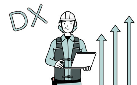 Image of DX, Senior female engineer in helmet and work wear who has successfully improved her business, Vector Illustrationのイラスト素材