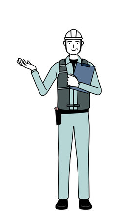 Senior male engineer in helmet and work wear holding a clipboard and extending his hand, Vector Stockのイラスト素材