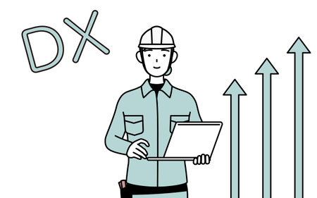 Image of DX, Female engineer in helmet and work wear who has successfully improved her business, Vector Illustrationのイラスト素材