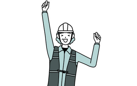 Senior female engineer in helmet and work wear smiling and jumping, Vector Illustrationのイラスト素材