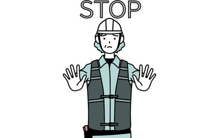 Senior female engineer in helmet and work wear with her hands out in front of her body, signaling a stop, Vector Illustrationのイラスト素材