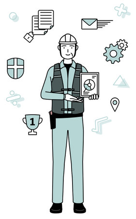 Image of DX, Senior male engineer in helmet and work wear using digital technology to improve his business, Vector Illustrationのイラスト素材