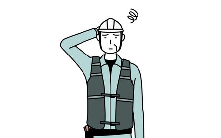 Senior male engineer in helmet and work wear scratching his head in distress, Vector Illustrationのイラスト素材