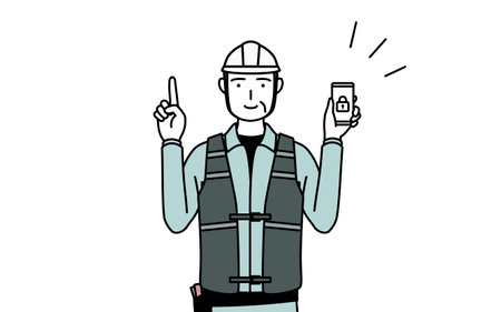 Senior male engineer in helmet and work wear taking security measures for his phone, Vector Illustrationのイラスト素材