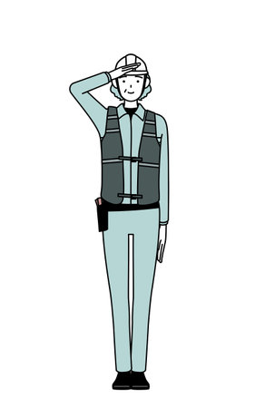 Senior female engineer in helmet and work wear making a salute, Vector Illustrationのイラスト素材