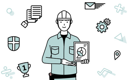 Image of DX, Man in helmet and workwear using digital technology to improve his business, Vector Illustrationのイラスト素材