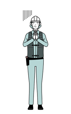 Senior female engineer in helmet and work wear apologizing with her hands in front of her body, Vector Illustrationのイラスト素材