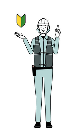 Senior female engineer in helmet and work wear showing the symbol for young leaves, Vector Illustrationのイラスト素材
