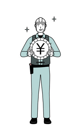 Senior male engineer in helmet and work wear an image of foreign exchange gains and yen appreciation, Vector Illustrationのイラスト素材