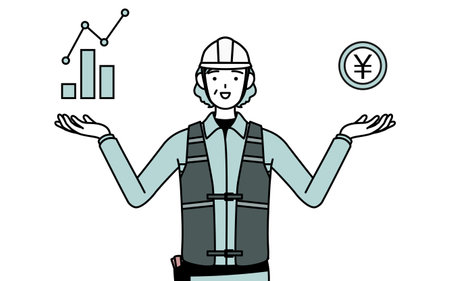 Senior female engineer in helmet and work wear guiding an image of DX, performance and sales improvement, Vector Illustrationのイラスト素材