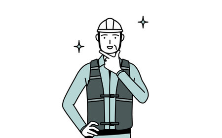 Senior male engineer in helmet and work wear in a confident pose, Vector Illustrationのイラスト素材