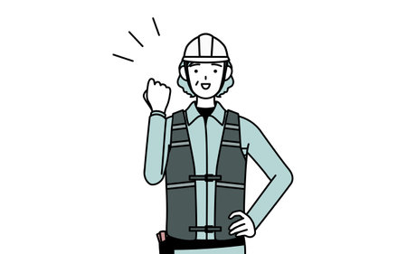 Senior female engineer in helmet and work wear posing with guts, Vector Illustrationのイラスト素材