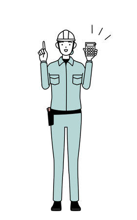 Female engineer in helmet and work wear holding a calculator and pointing, Vector Illustrationのイラスト素材