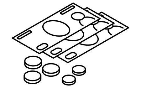 Simple line drawing of emergency kit, cash(banknotes and coins), isometric illustration, Vector Illustrationのイラスト素材