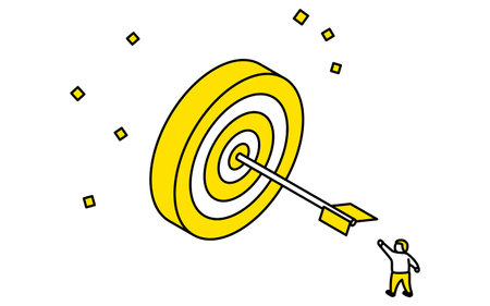 Business goal image, simple line drawing illustration of a person hitting the target, isometric, Vector Illustrationのイラスト素材