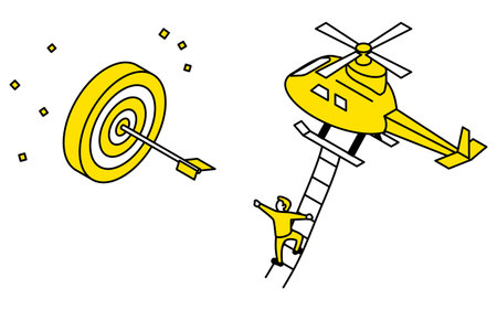 Business goal image, man holding onto helicopter rope ladder to hit target, simple line drawing illustration, isometric, Vector Illustrationのイラスト素材