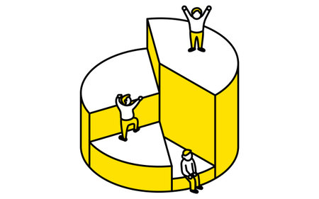 Business goal image, pie chart and ascending people simple line drawing illustration, isometric, Vector Illustrationのイラスト素材