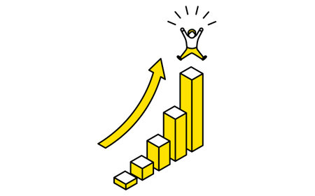 Business goal image, a graph of a steadily rising graph and a delighted personSimple line drawing illustration, isometric, Vector Illustrationのイラスト素材