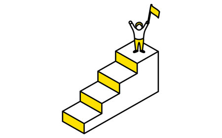Business goal image, simple line drawing illustration of a man happy to have achieved his goal, isometric, Vector Illustrationのイラスト素材