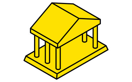 Temple-style building of a museum or bank, business icons for target, goal attainment, and goal, isometric illustration, Vector Illustrationのイラスト素材