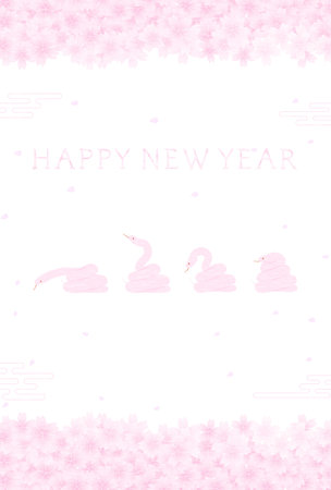 Japanese style New Year's card for the year of the Snake 2025, cherry blossom frame and snakes in motion, Vector Illustrationのイラスト素材