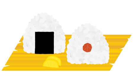 Illustration of rice balls wrapped in seaweed and with pickled plums, Vector Illustrationのイラスト素材