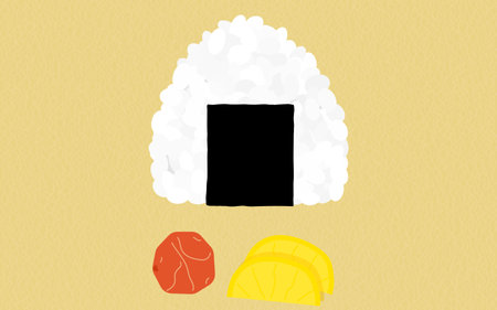 Clip art of rice ball wrapped in dried laver, pickled plum, and pickled radish, Vector Illustrationのイラスト素材