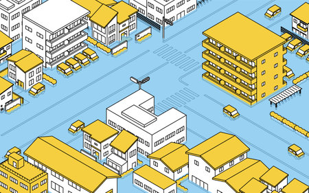 Street flooded by typhoon and heavy rain flooding, isometric illustration, Vector Illustrationのイラスト素材