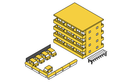 Apartments for rent with parking, Isometric illustration with simple line drawings, Vector Illustrationのイラスト素材