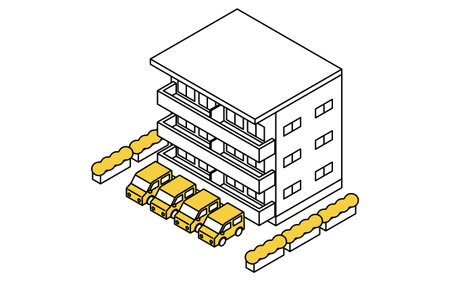 Apartments for rent with parking, Isometric illustration with simple line drawings, Vector Illustrationのイラスト素材