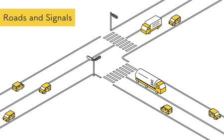 Car on T-junction with traffic light, Isometric illustration with simple line drawings, Vector Illustrationのイラスト素材
