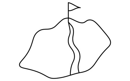 Business goal image, simple line drawing illustration of a mountain with goal flag at the top, isometric, Vector Illustrationのイラスト素材