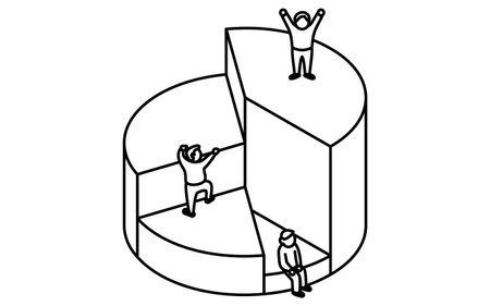Business goal image, pie chart and ascending people simple line drawing illustration, isometric, Vector Illustrationのイラスト素材